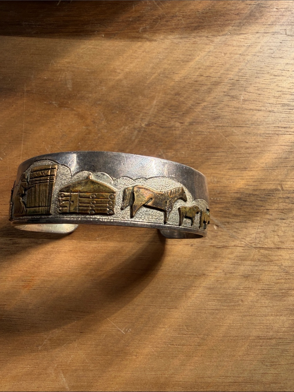 vintage Navajo sterling silver and gold-filled overlay storyteller cuff bracelet
